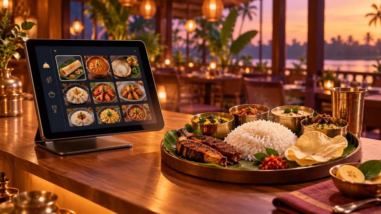 Restaurant ordering tablet beside a freshly prepared meal