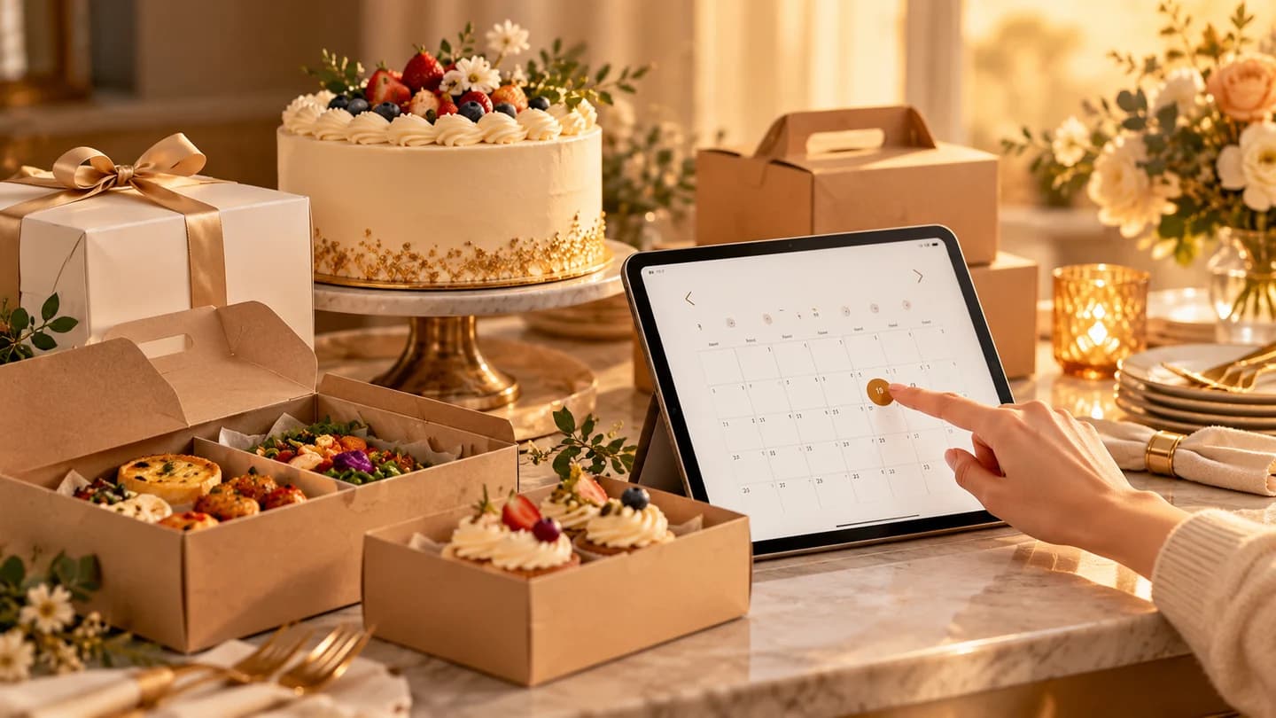 Cake and catering pre-orders with a scheduling calendar