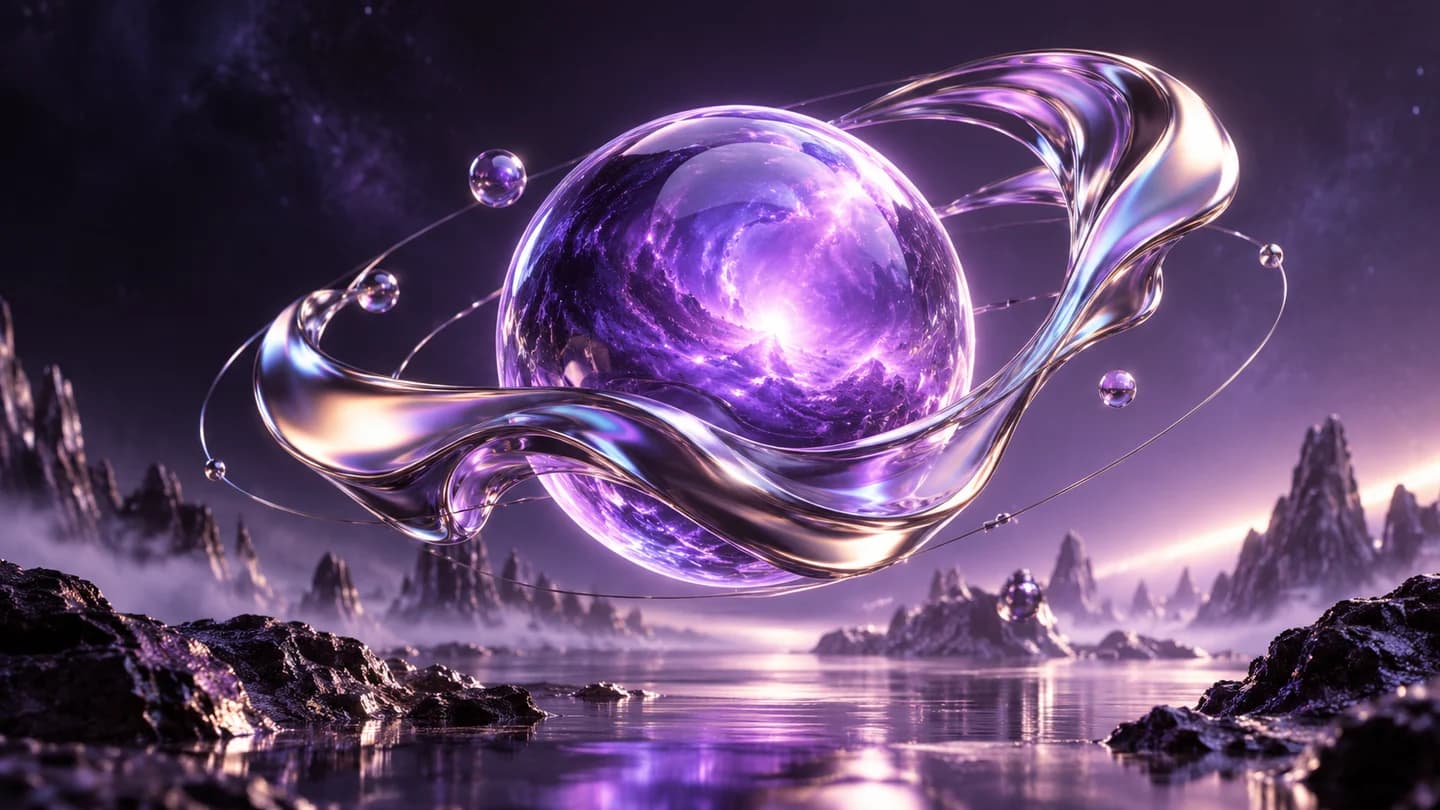 Iridescent three-dimensional sculpture and glowing violet sphere