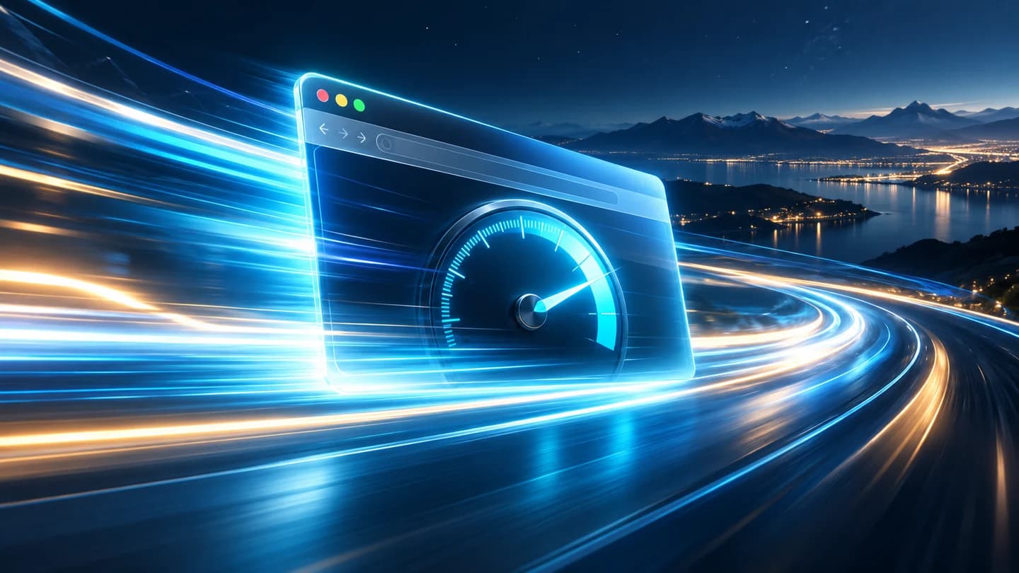 Fast browser interface surrounded by cyan light trails