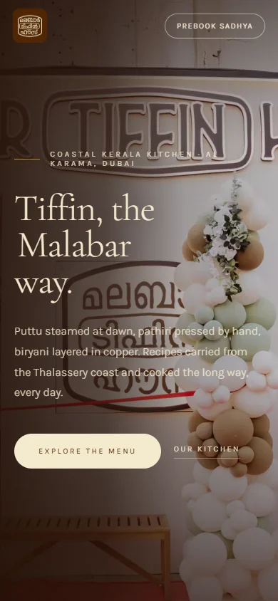 Malabar Tiffin House website mobile screenshot