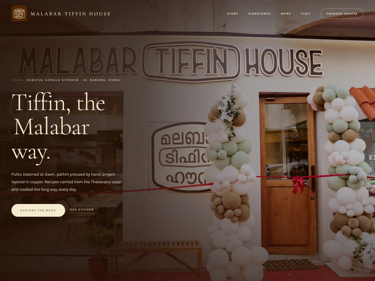 Malabar Tiffin House website desktop screenshot