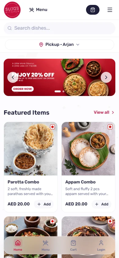 Suja's Kitchen website mobile screenshot